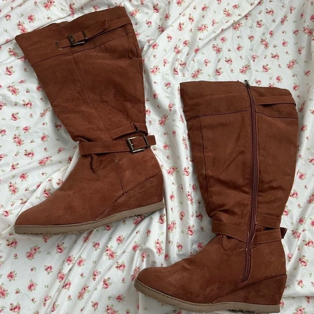 vintage brown suede knee boots with‎ buckle detail and wedge heel